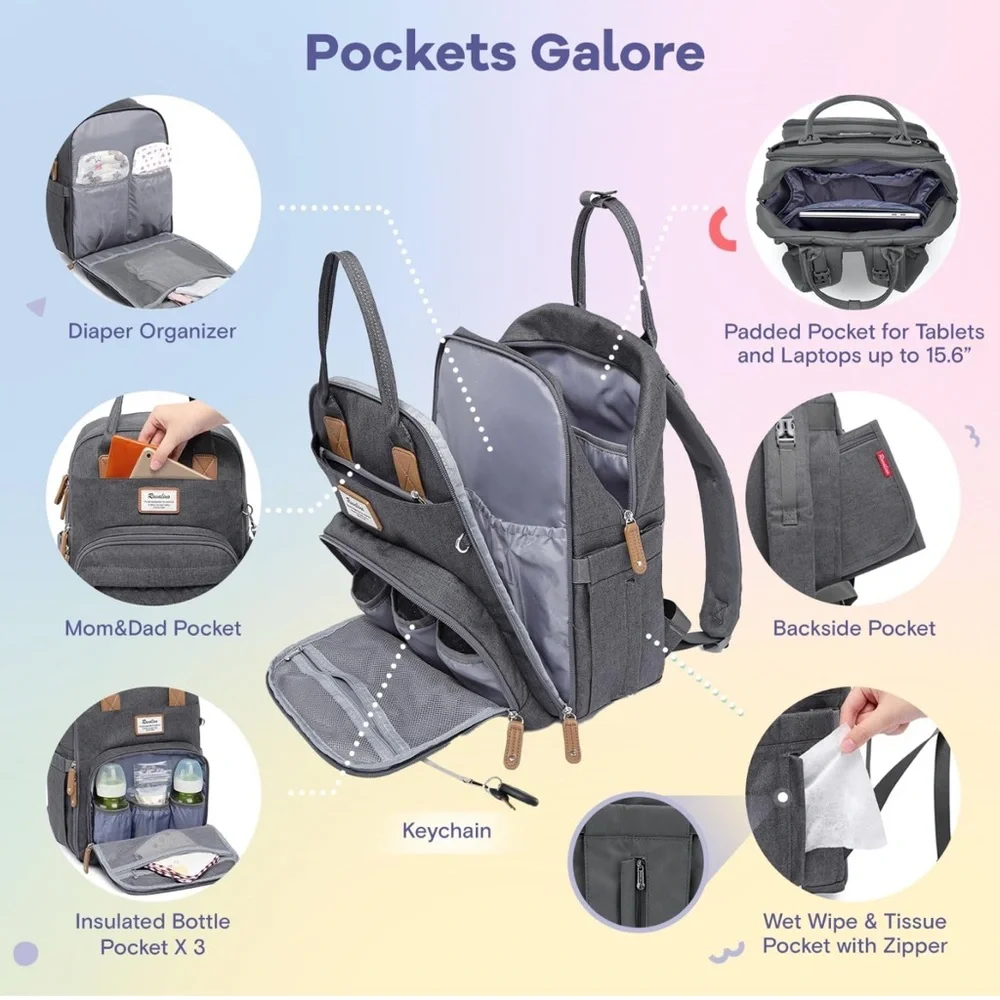 Ruvalino Diaper Bag Backpack with Changing Pad and Pacifier Case Dark Gray